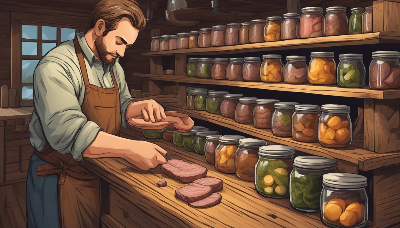 A hunter carefully labels and stores jars of pickled game meat on a wooden shelf in a rustic kitchen