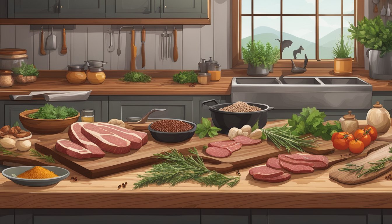 A rustic kitchen counter with a wooden cutting board, assorted wild game meats, spices, and herbs laid out for making sausage mixture