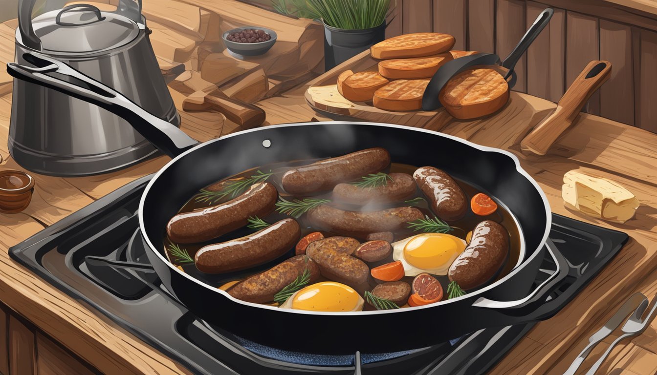 A rustic kitchen scene with a skillet sizzling over a wood-burning stove, filled with wild game breakfast sausages being cooked to perfection