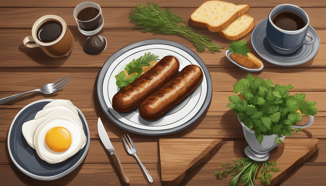 A rustic wooden table set with a plate of wild game breakfast sausage, surrounded by fresh herbs, eggs, and a steaming cup of coffee