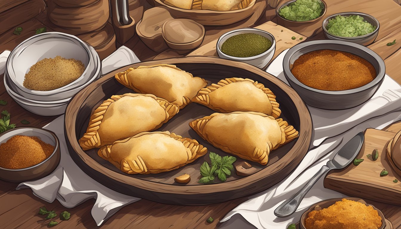 A rustic kitchen table covered with various ingredients and spices, with a tray of freshly baked game meat empanadas in the foreground