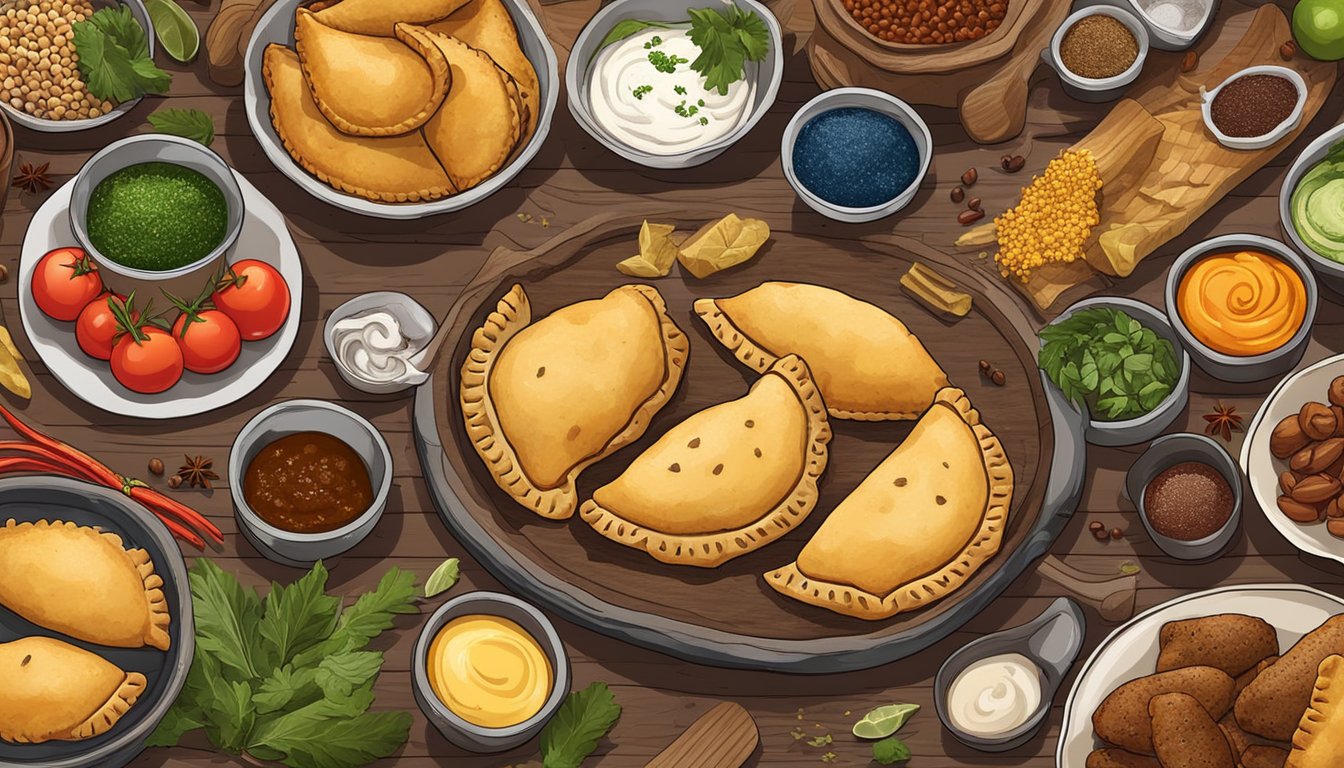 A rustic kitchen table with a colorful array of game meat empanadas, surrounded by traditional South American ingredients and spices