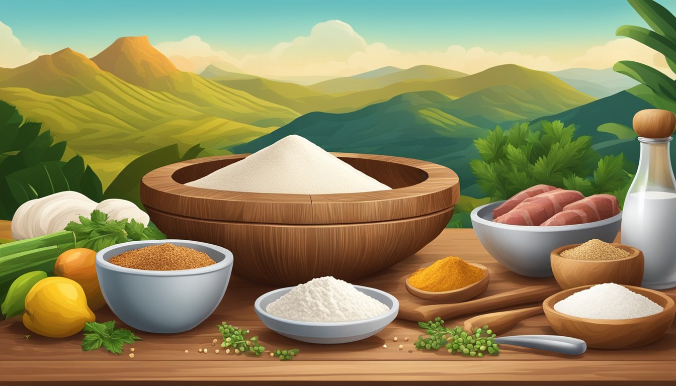 A wooden table with ingredients - flour, meat, spices - and a rolling pin, mixing bowl, and cutting board, set against a backdrop of South American landscapes