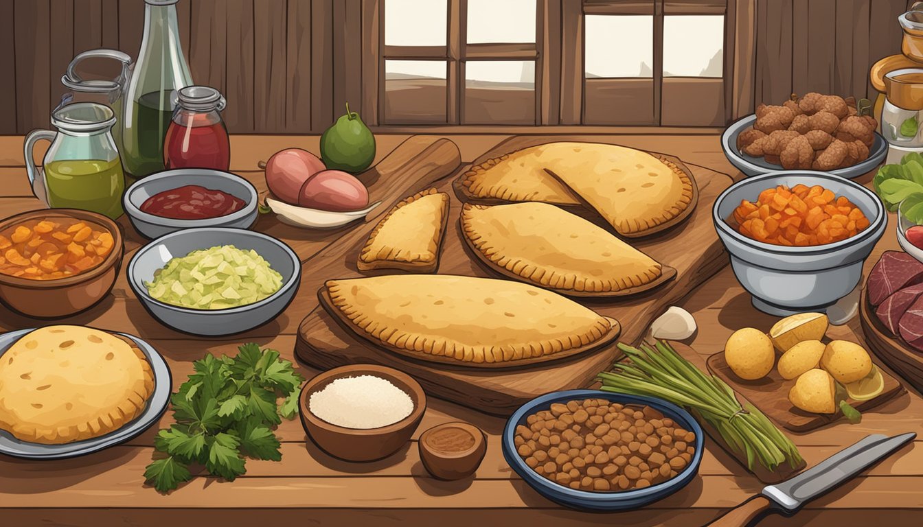 A rustic kitchen counter with a wooden cutting board, various game meats, and traditional South American ingredients spread out for making empanadas