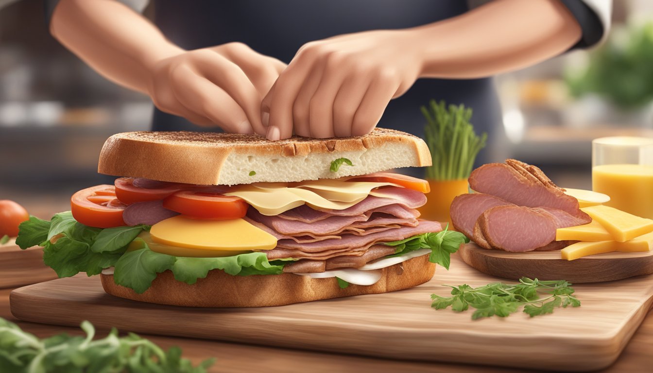 A chef carefully layers slices of game meat, cheese, and fresh vegetables between two slices of artisan bread, creating the perfect game meat sandwich