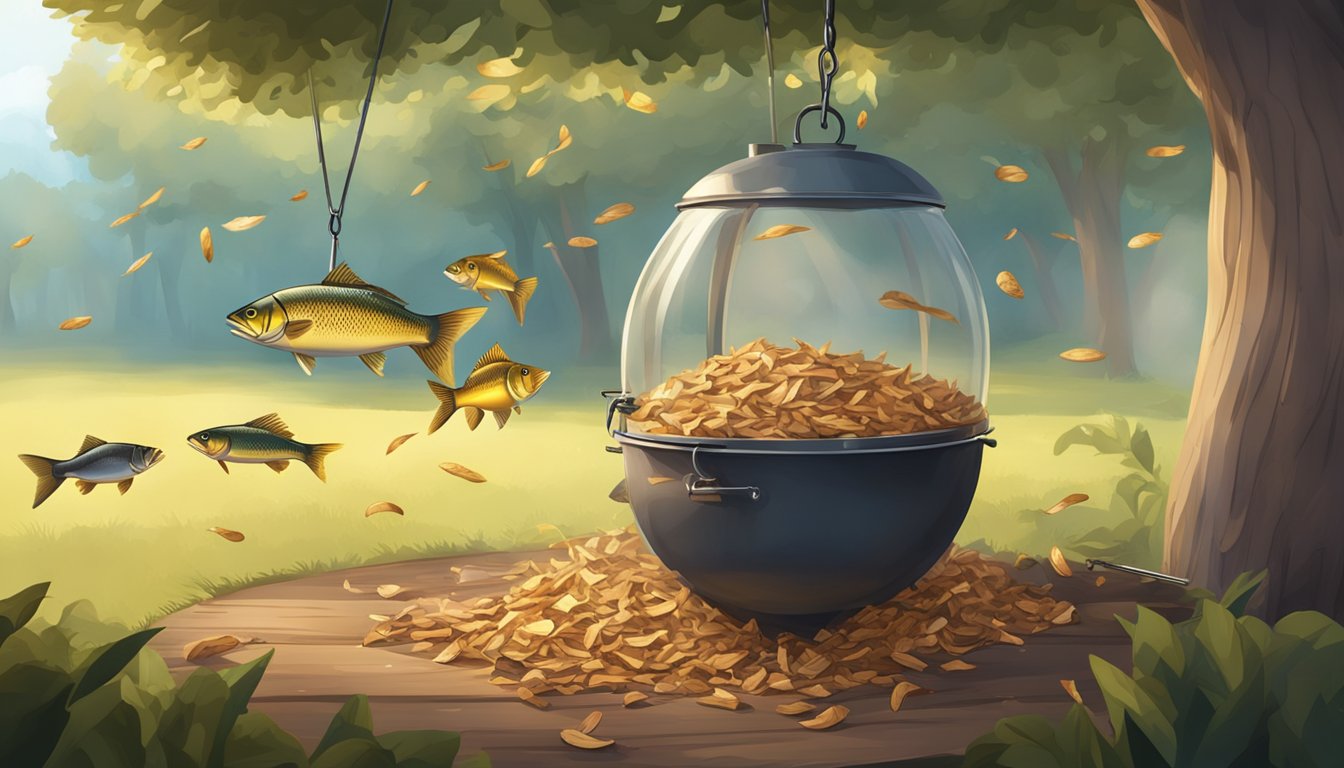 Wood chips scattered around a smoking chamber filled with hardwoods. Game fish hanging from hooks inside the chamber