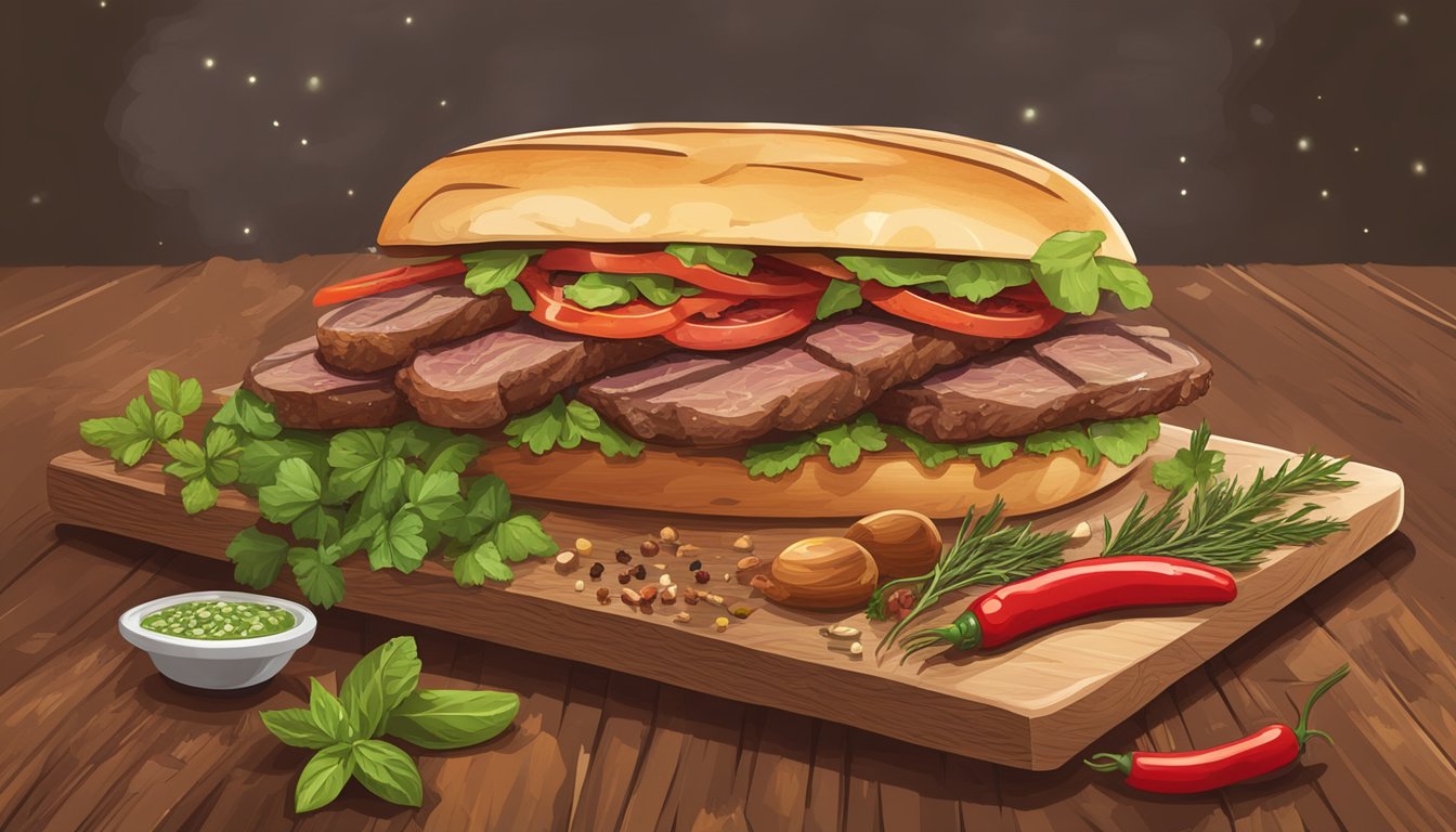 A rustic wooden cutting board holds a freshly grilled game meat sandwich, surrounded by vibrant herbs, spices, and condiments