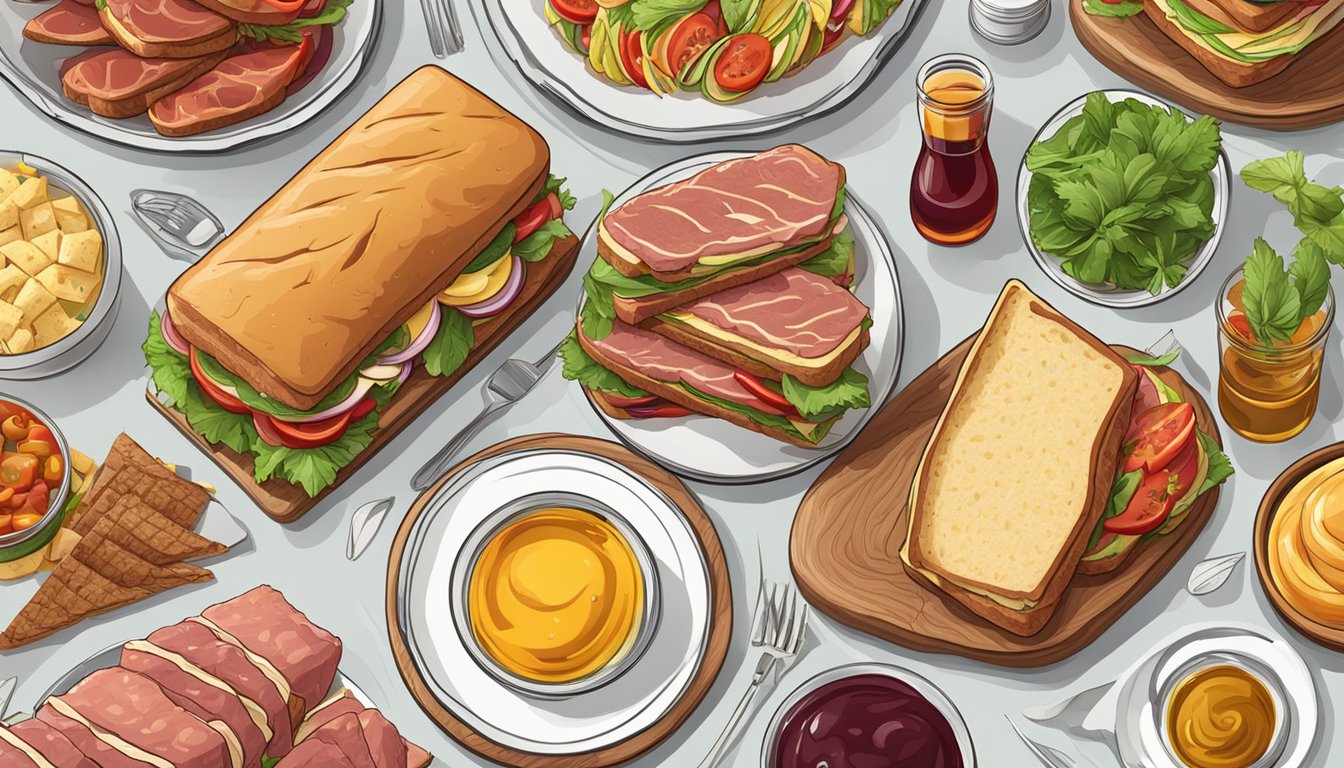 A table with a variety of sandwiches, including game meat, surrounded by fresh ingredients and condiments