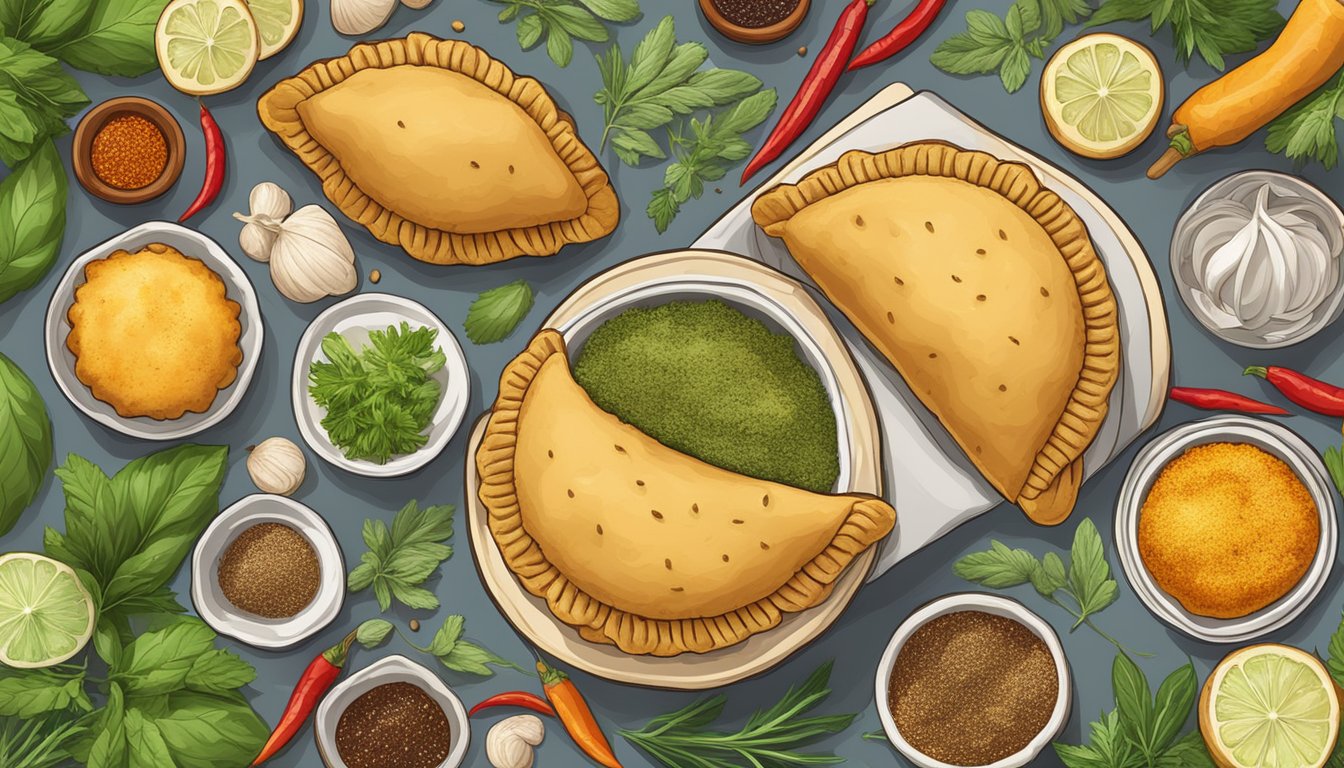 A table set with golden-brown empanadas, surrounded by fresh herbs and colorful South American spices