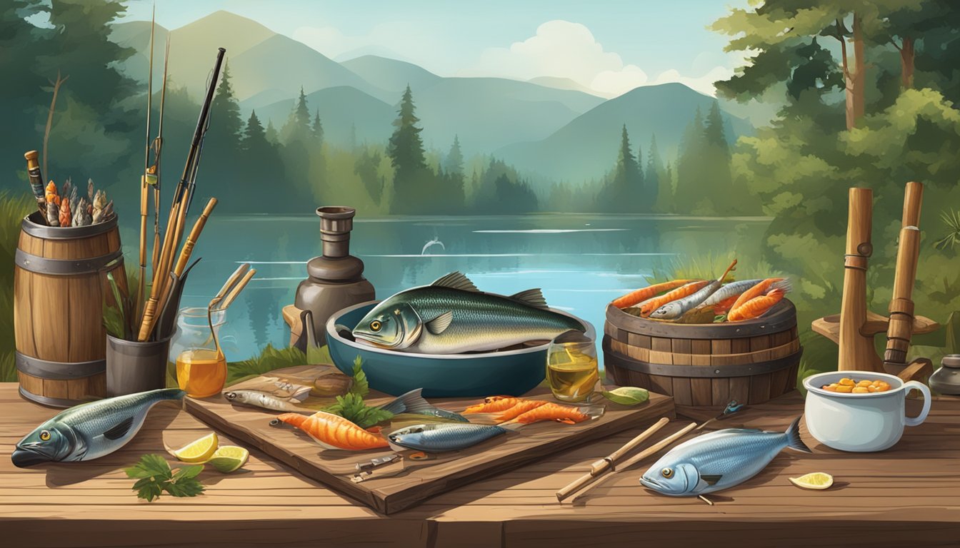 A rustic wooden table with a variety of game fish and smoking equipment surrounded by a serene outdoor setting