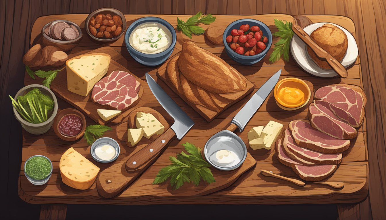 A rustic wooden table with a cutting board, knife, and assortment of game meats, bread, cheeses, and condiments