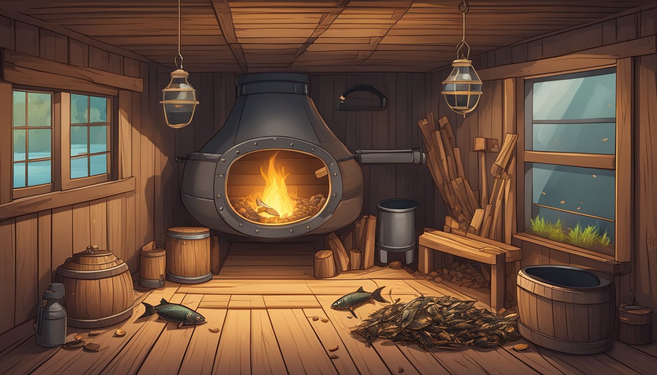 A wooden smoking chamber with game fish hanging from hooks, surrounded by piles of wood chips and a small fire smoldering in the corner