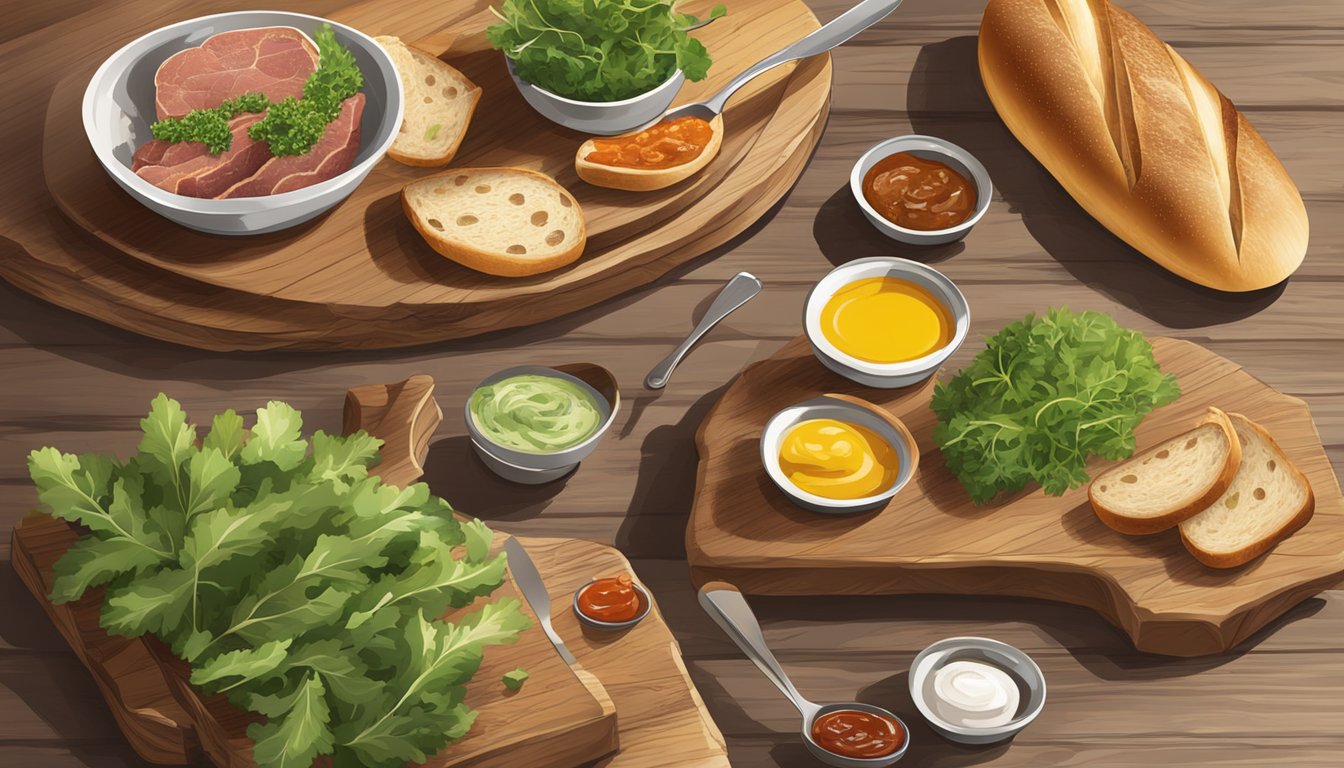 A rustic wooden table topped with a crusty baguette, sliced game meat, fresh greens, and a variety of condiments