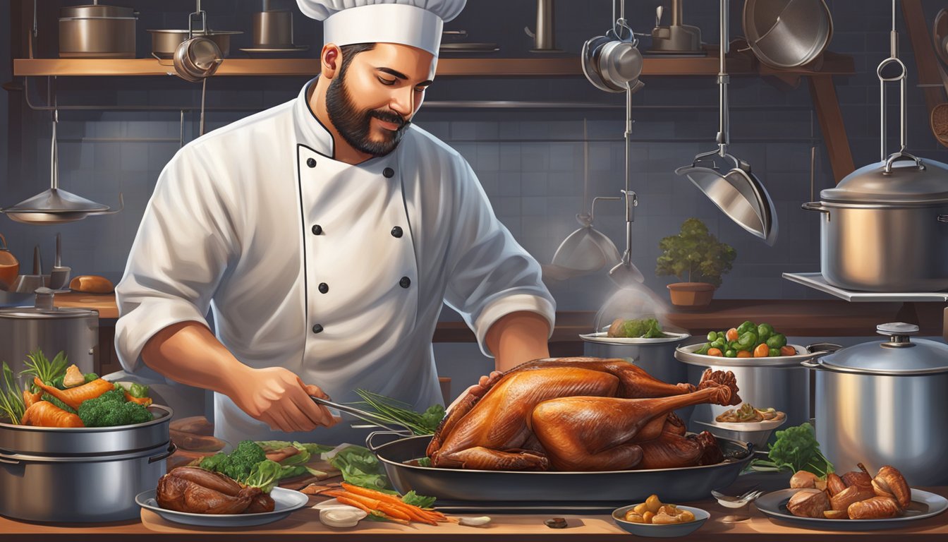 A chef expertly prepares game birds on a rotisserie, surrounded by various cooking equipment and ingredients