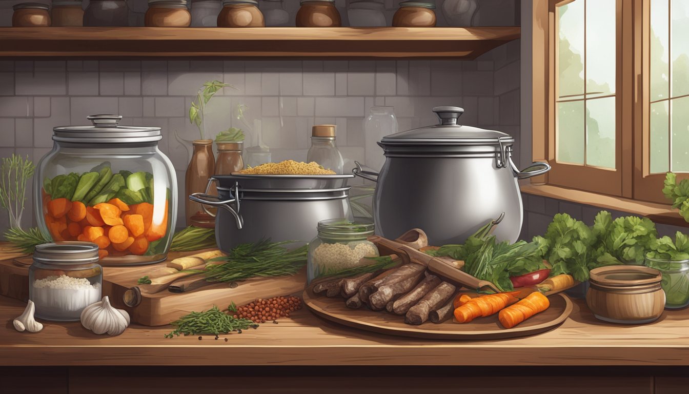 A rustic kitchen with a simmering pot of venison bones, herbs, and vegetables, surrounded by jars of spices and a chopping board