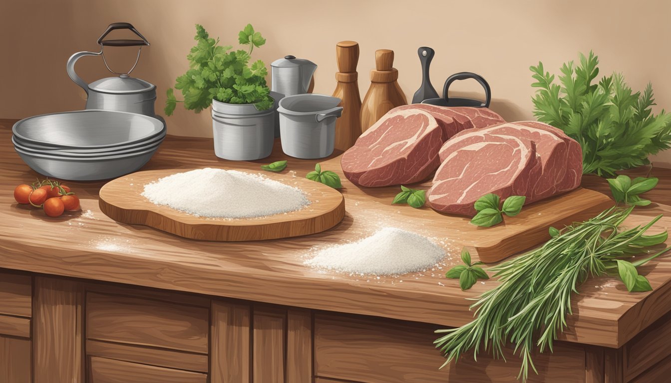 A rustic kitchen counter with flour-dusted wooden surface, surrounded by fresh herbs, wild game meat, and a rolling pin