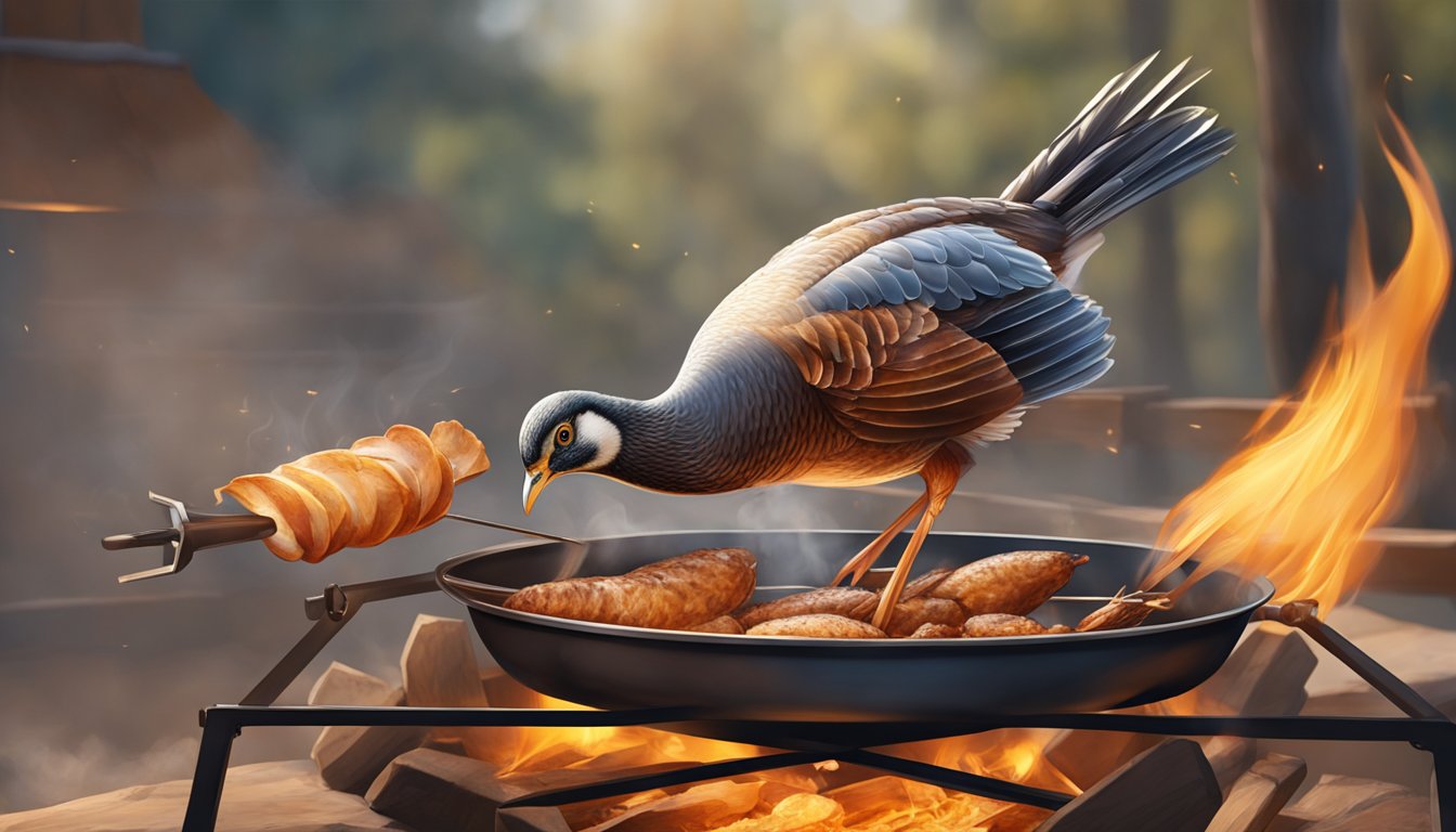 A game bird rotating on a rotisserie over an open flame, with the skin crisping and browning as it cooks to perfection