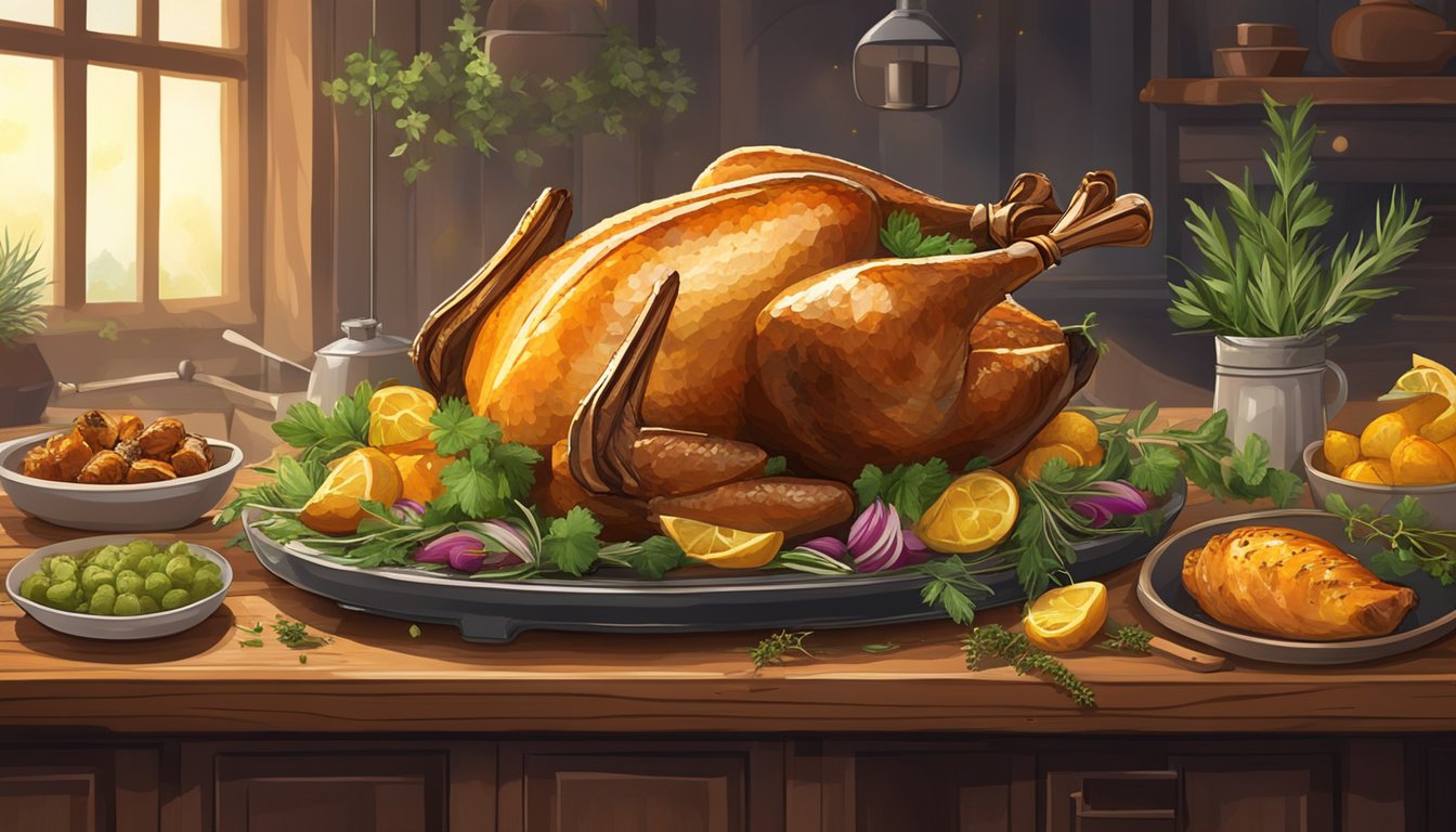 A golden rotisserie oven with a perfectly roasted game bird on a spit, surrounded by herbs and garnishes on a wooden serving platter