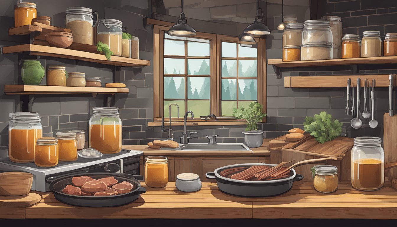 A rustic kitchen with shelves of mason jars filled with venison bone broth, pots simmering on the stove, and a butcher's block with meat and bones