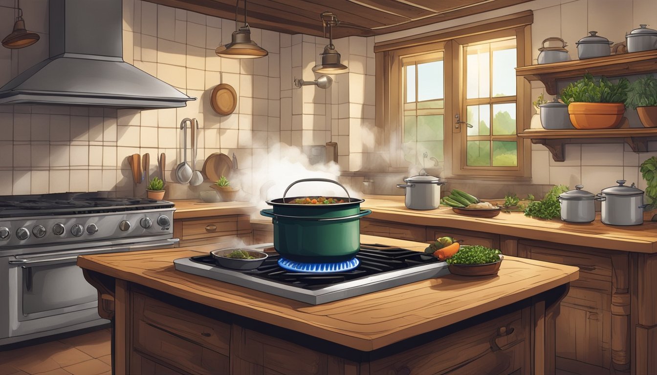 A rustic kitchen with a pot simmering on a stove, filled with venison bones, herbs, and vegetables. Steam rises from the pot as the broth cooks