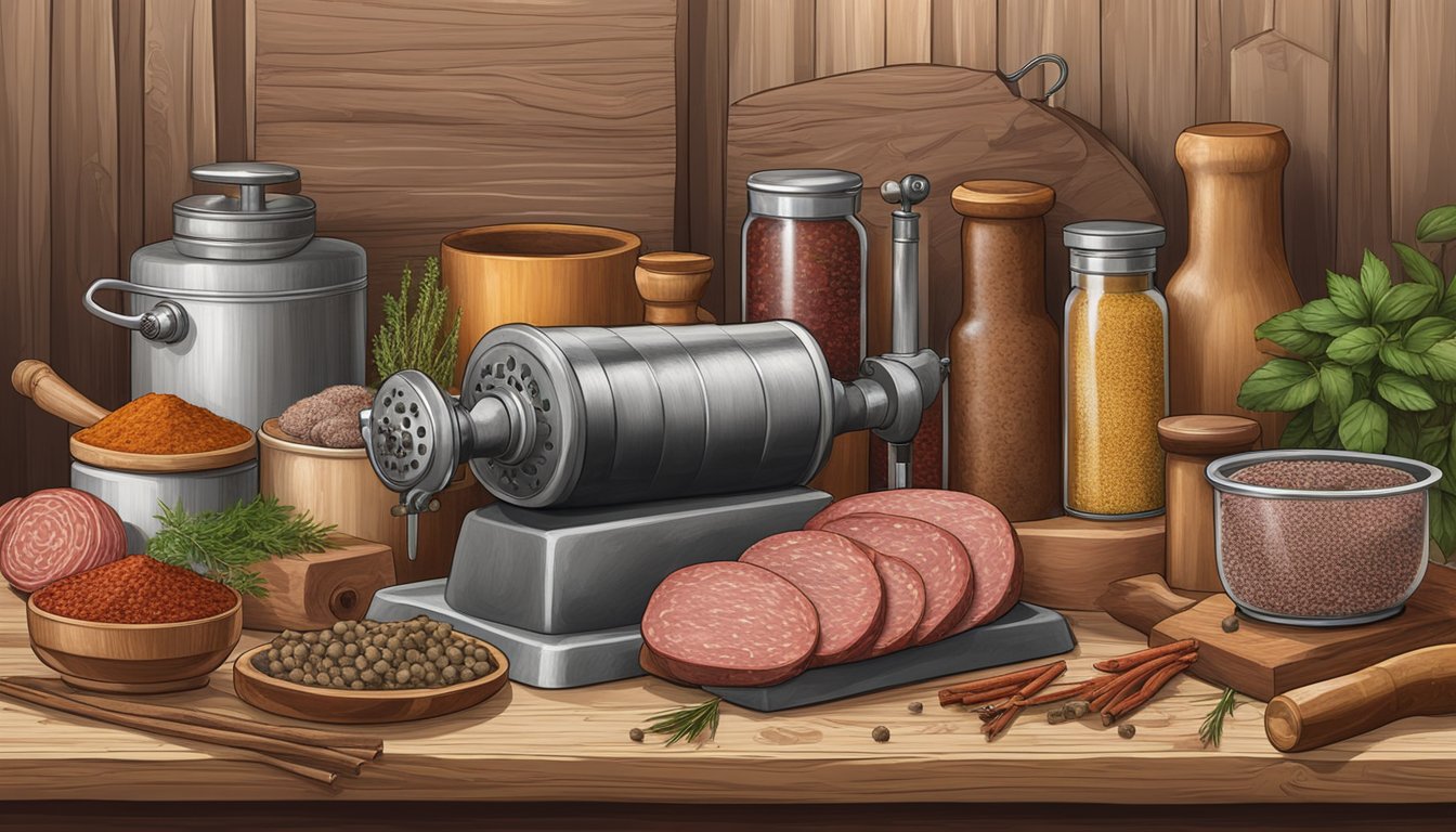 A rustic wooden table displays a variety of game meats, herbs, and spices. A vintage meat grinder and sausage casings sit nearby, ready for artisanal salami crafting