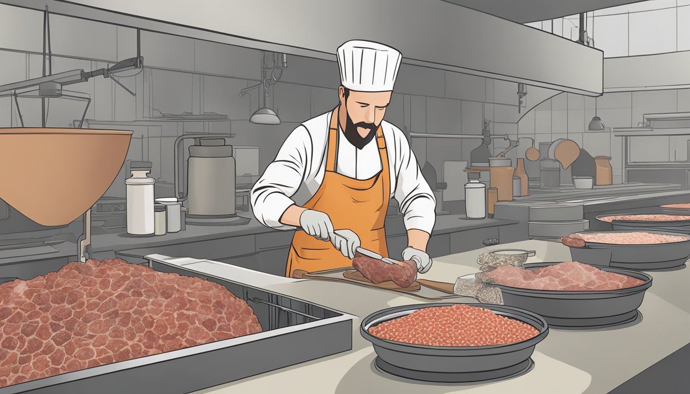 Artisanal game meats being carefully blended with essential ingredients for crafting salami