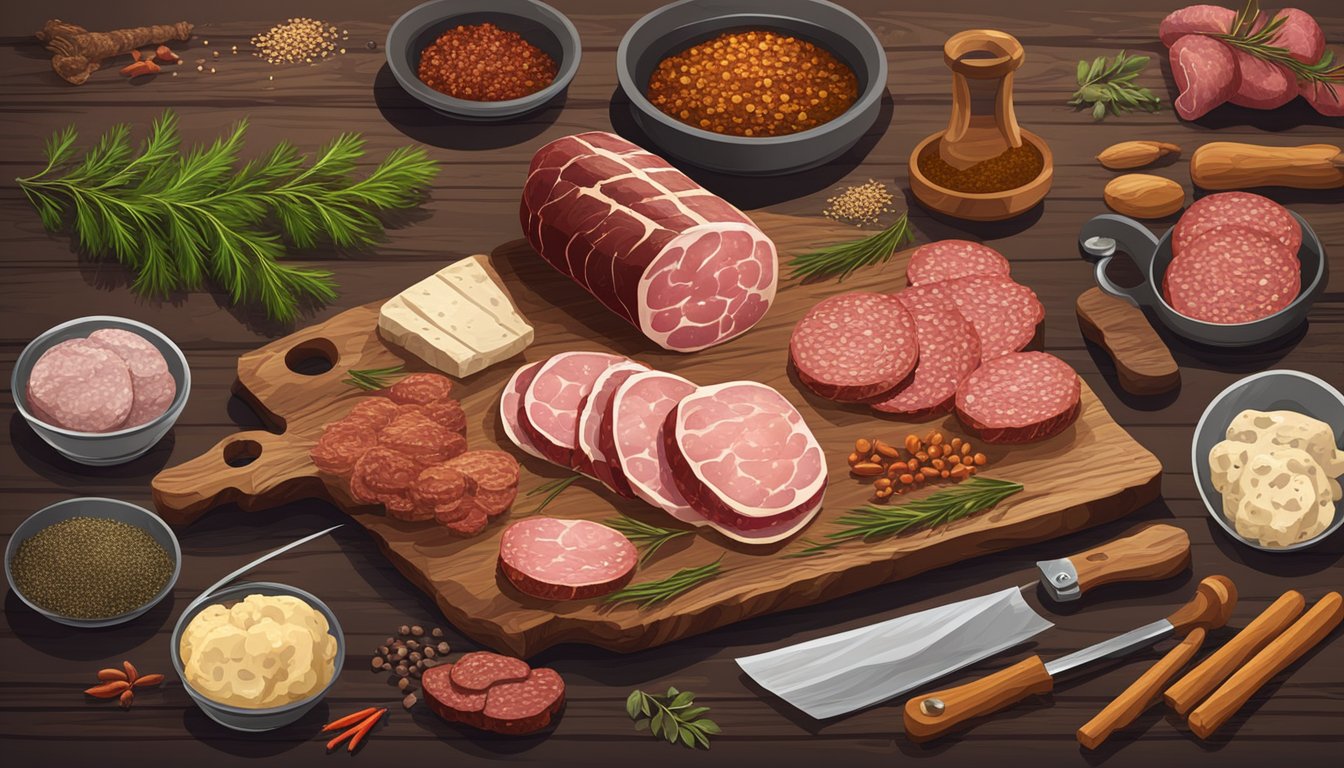 A rustic wooden table with various game meats, spices, and tools for preparing artisanal salami