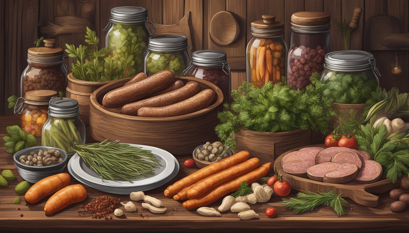 A rustic wooden table adorned with assorted herbs, spices, and game meat sausages, surrounded by vintage kitchen utensils and jars of pickled vegetables