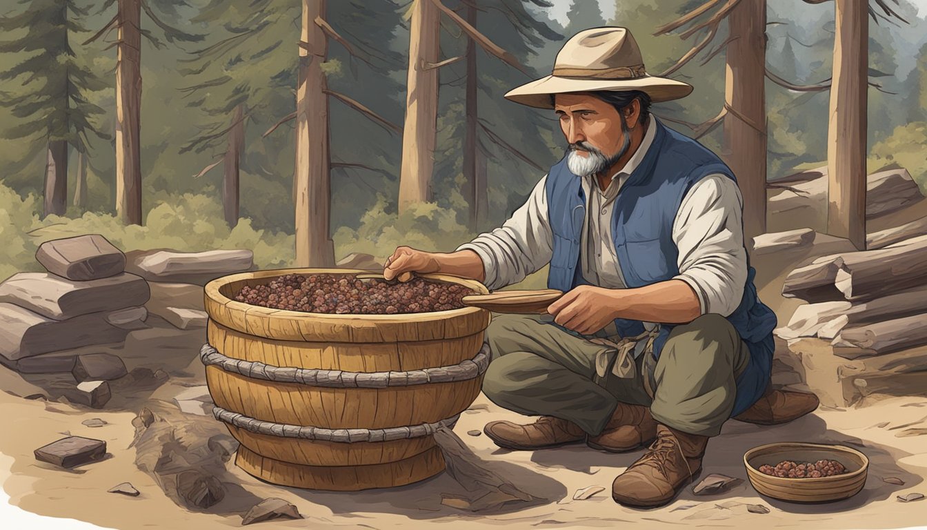 A hunter mixes dried meat, berries, and rendered fat in a wooden bowl, then packs the pemmican into animal hide pouches for long-term storage