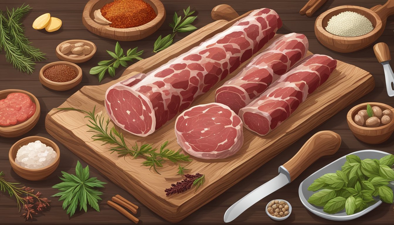 A rustic wooden table displays an array of game meat salamis, surrounded by various ingredients such as herbs, spices, and curing tools