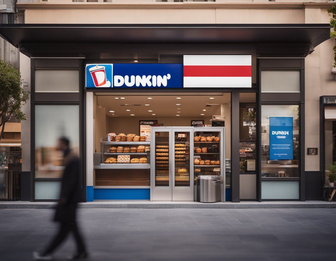 A Dunkin' Donuts storefront with a prominent display of the Israeli flag