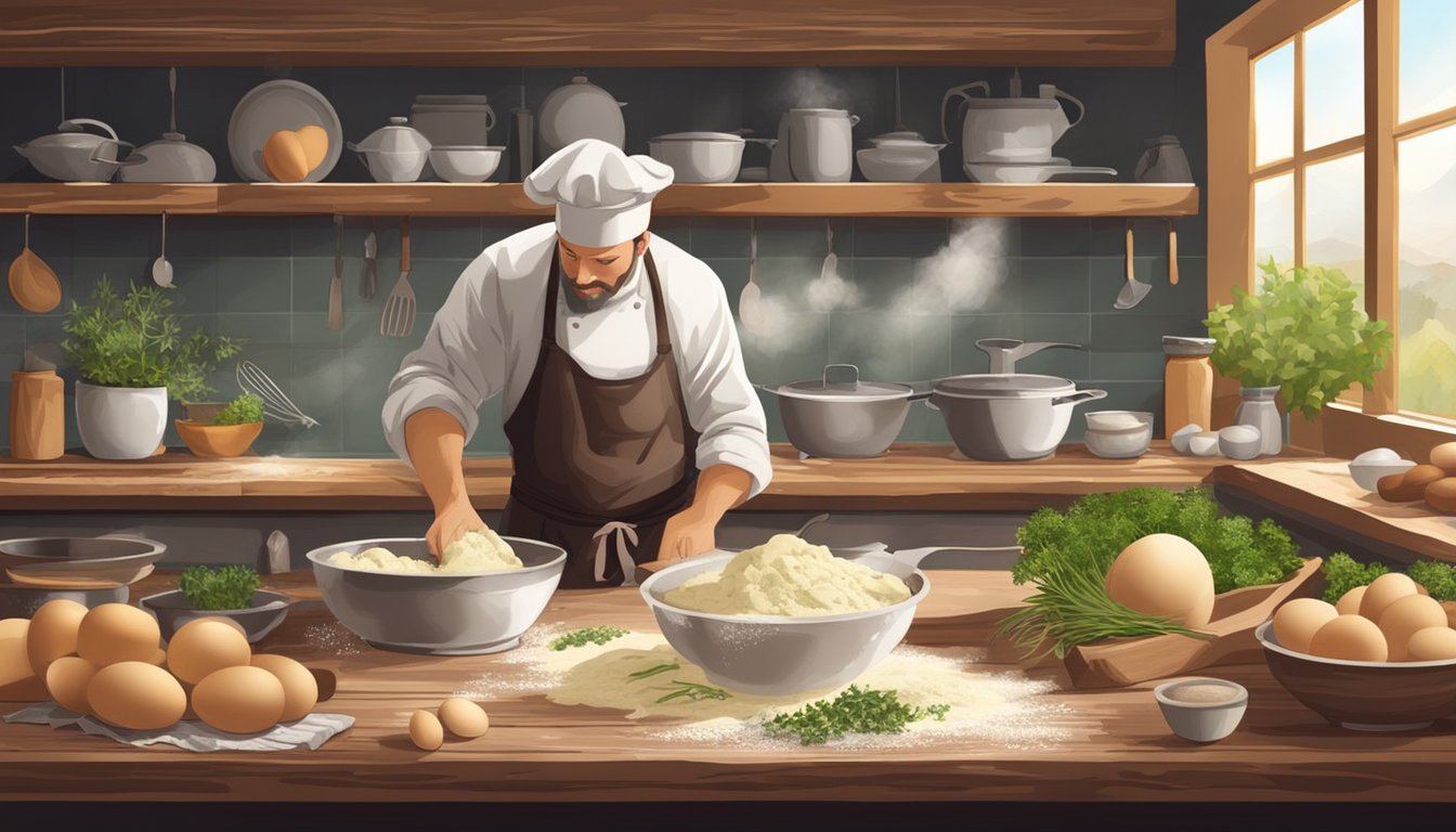 A rustic kitchen with a wooden table covered in flour, eggs, and fresh herbs. A chef carefully folds and cuts ravioli filled with wild game meat