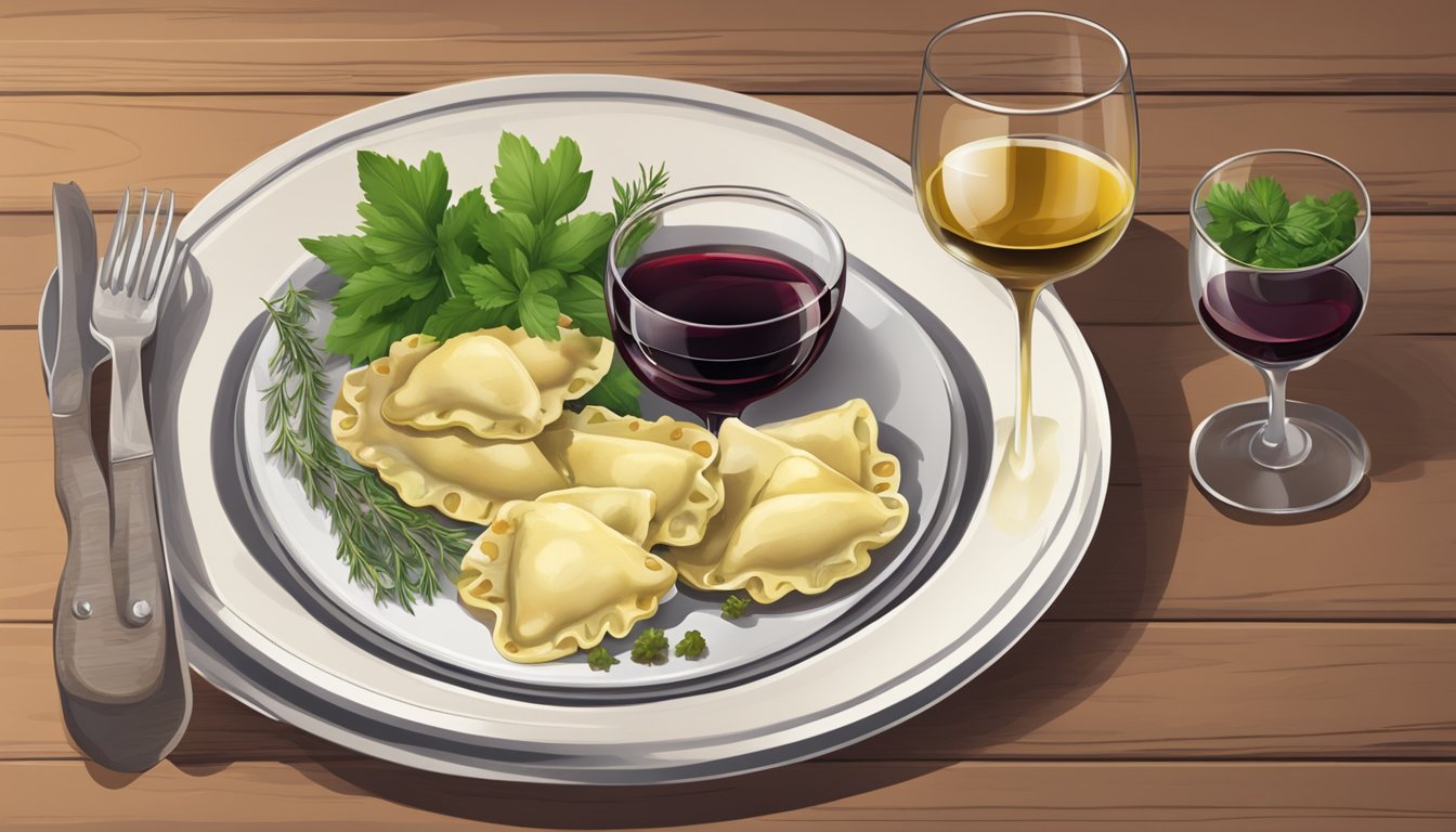 A rustic wooden table set with a plate of wild game ravioli, a glass of red wine, and a sprig of fresh herbs