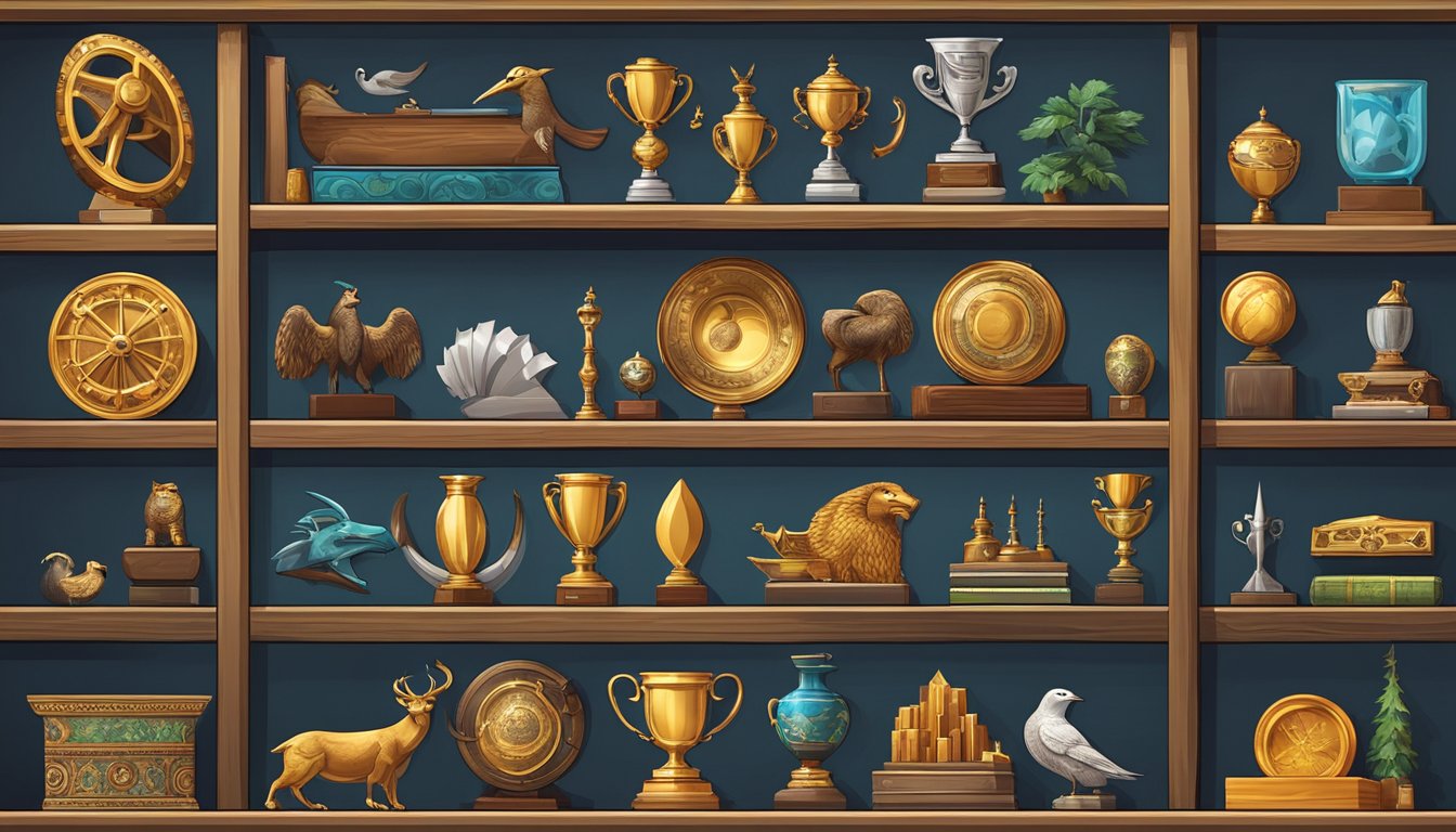 A display of various game mounts and trophies arranged on a shelf, with colorful and intricate designs symbolizing achievement and status in game culture