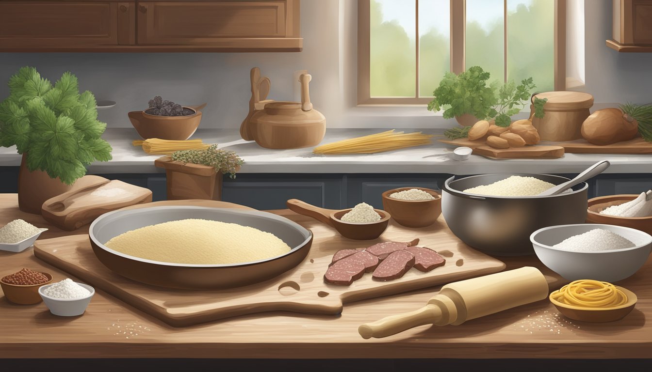 A rustic kitchen counter with flour-dusted surface, rolling pin, and assorted wild game meats, herbs, and pasta dough, ready for ravioli making