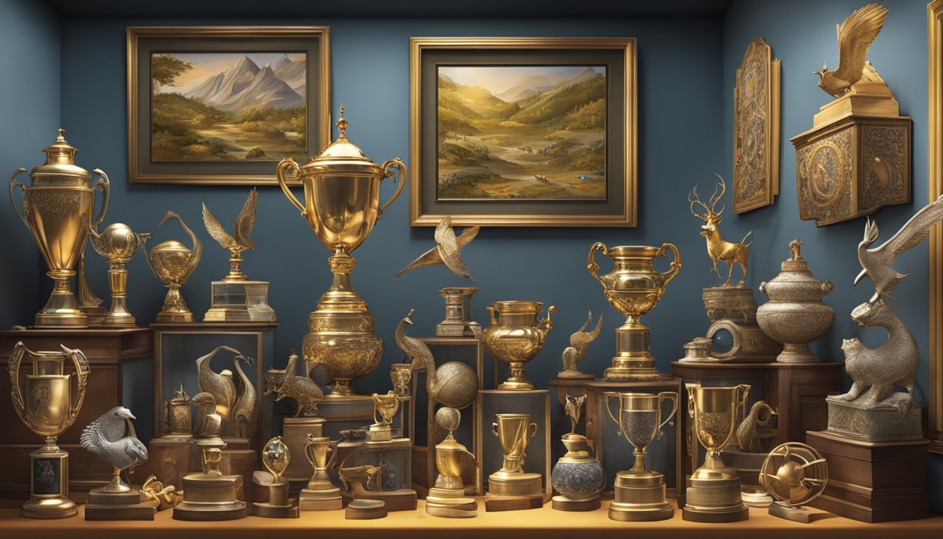 A display of game mounts and trophies, representing excellence in sports and games, arranged in a cultural setting