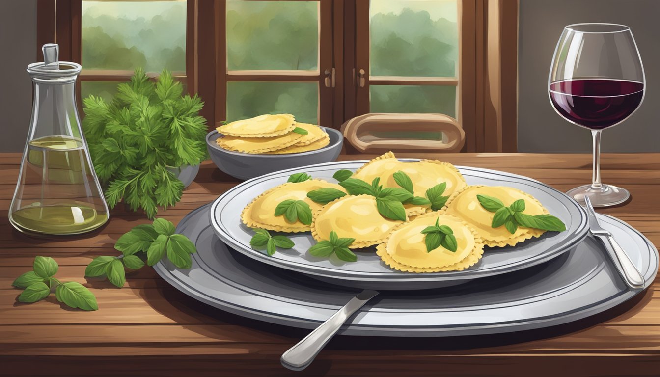 A rustic kitchen table set with wild game ravioli, fresh herbs, and a glass of red wine