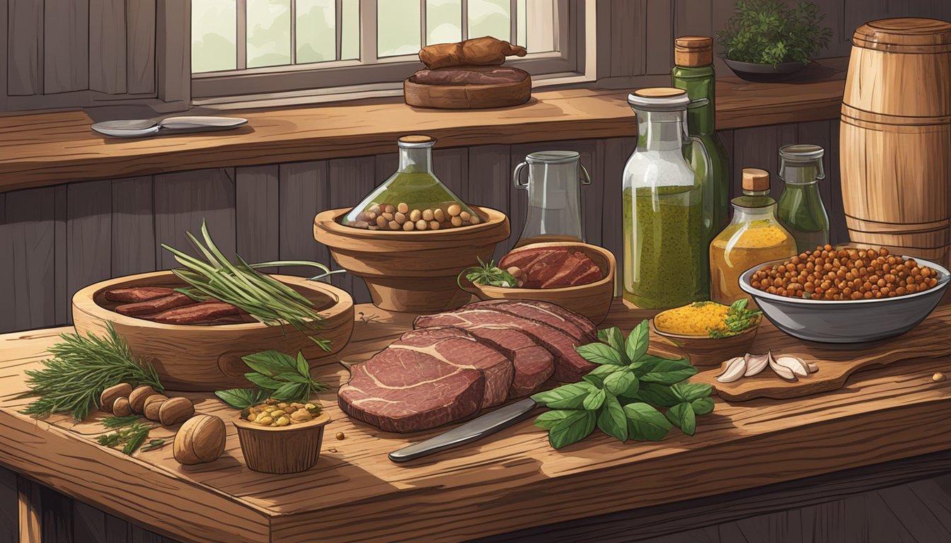 A rustic wooden table with various game meats, herbs, and spices arranged around a bottle of marinade. A grilling station in the background