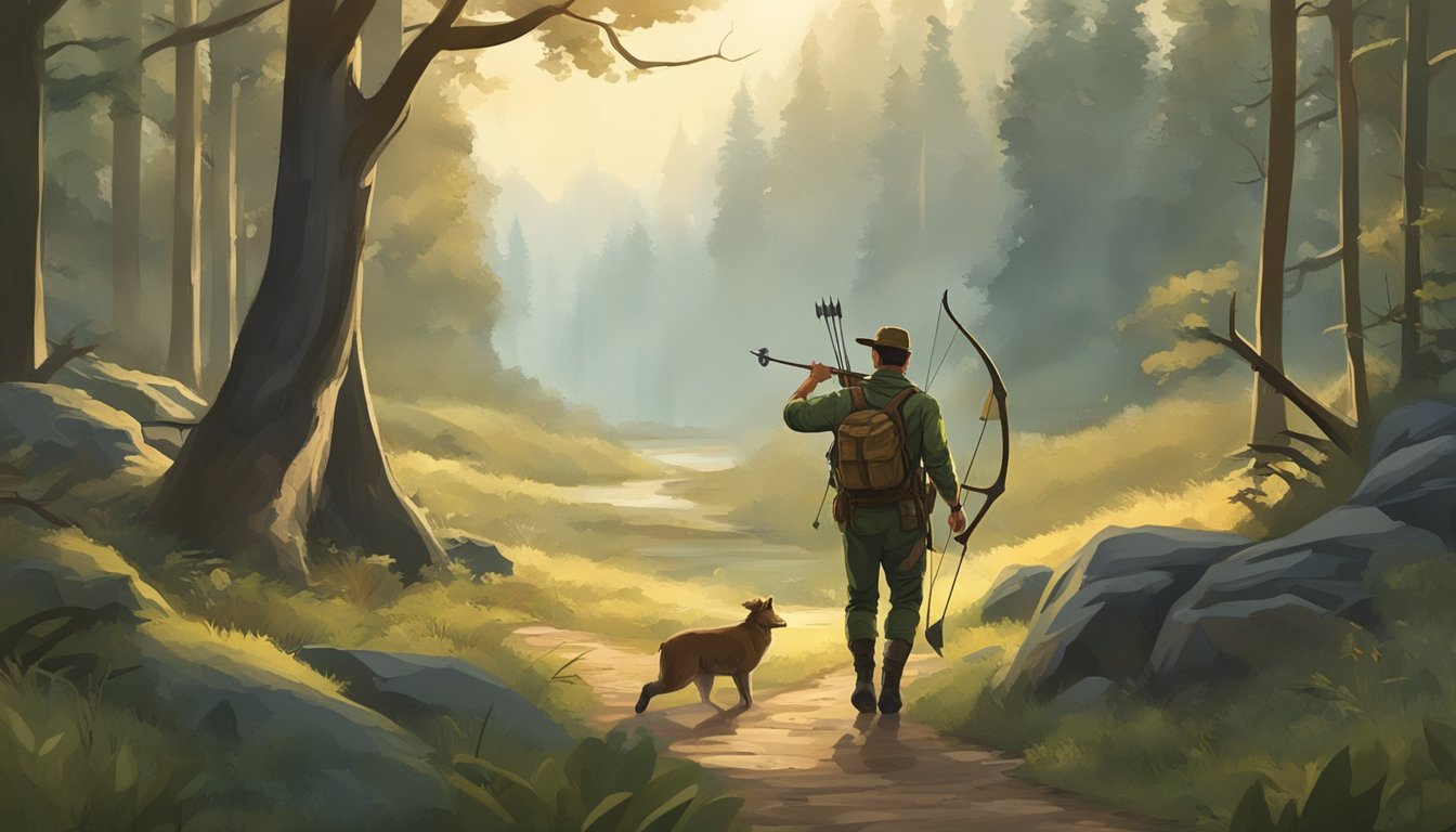 A hunter carrying a bow and arrow walks through a forest, surrounded by trees and wildlife. The landscape depicts a rural setting with a focus on the economic role of hunting