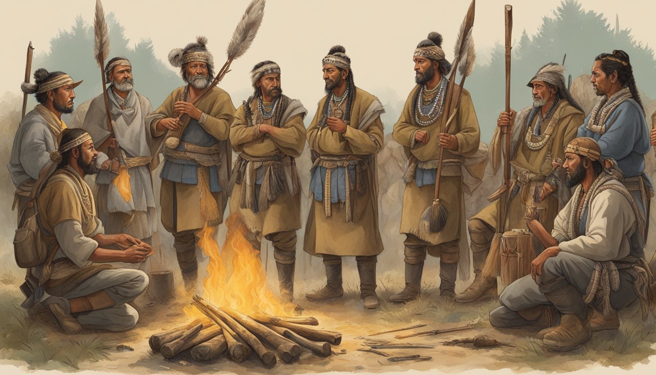 A group of hunters gather around a ceremonial fire, adorned in traditional clothing and holding ancient weapons. They perform a ritual dance before setting out on a hunting expedition