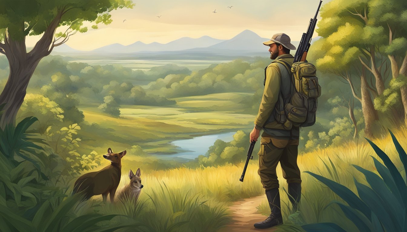 A rural landscape with a hunter carrying a rifle, surrounded by diverse wildlife and lush vegetation