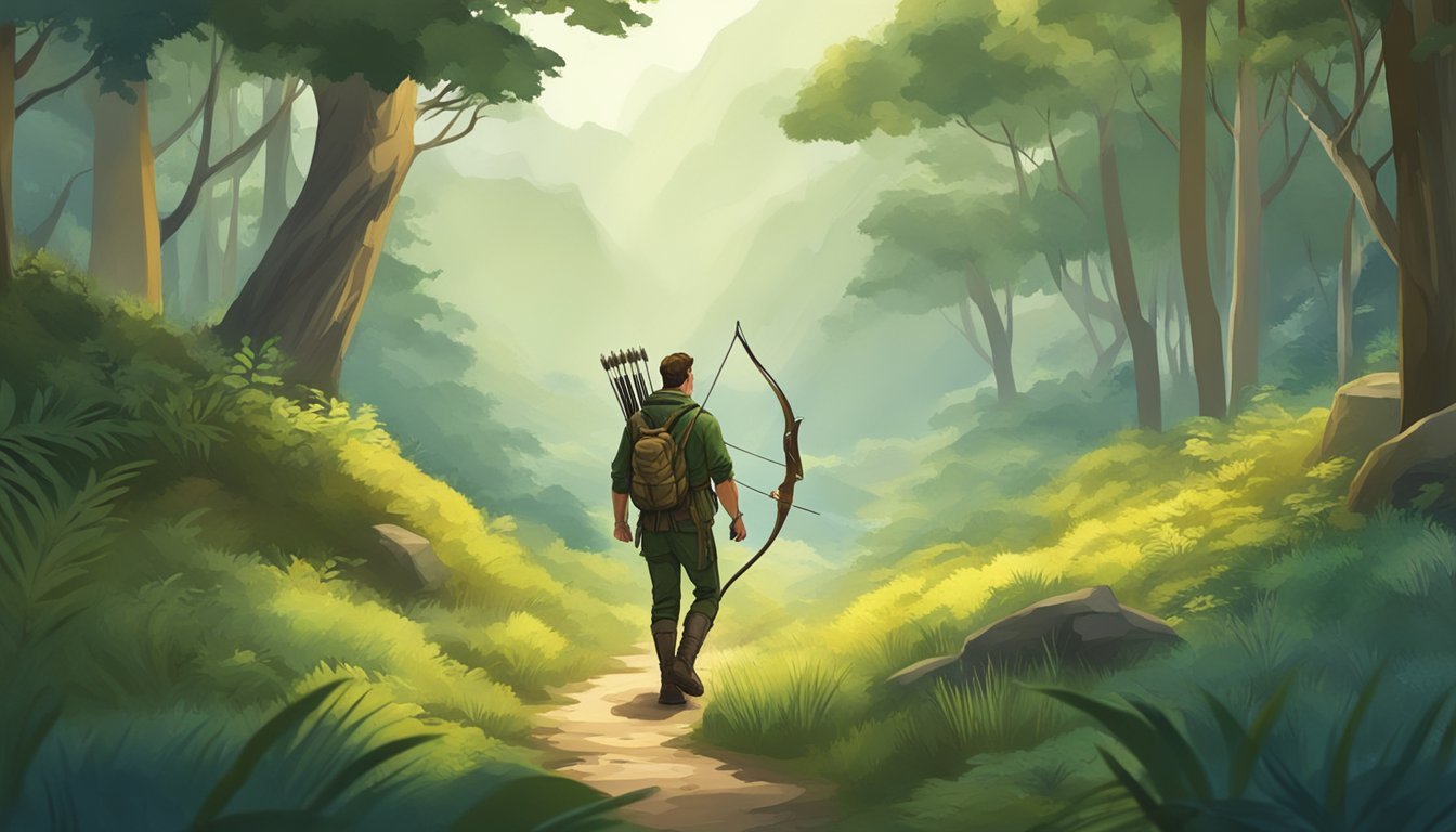 A hunter carrying a bow and arrow walks through a lush forest, surrounded by wildlife and a tranquil landscape