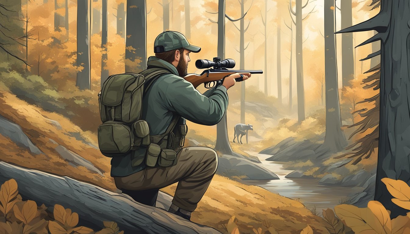 A hunter tracking a deer through a forest, equipped with a rifle and binoculars, while observing the surrounding wildlife