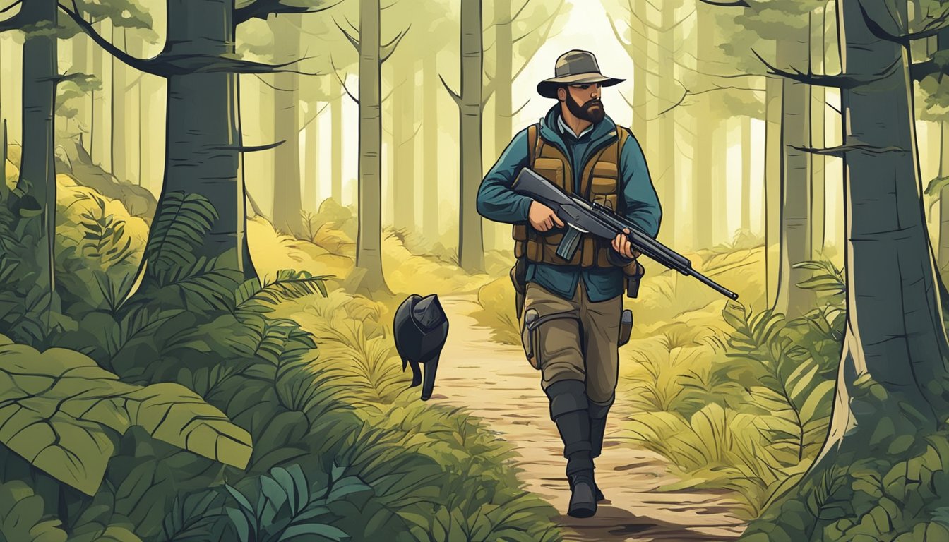 A hunter carrying a rifle walks through a forest, surrounded by trees and wildlife. The landscape shows signs of sustainable land use