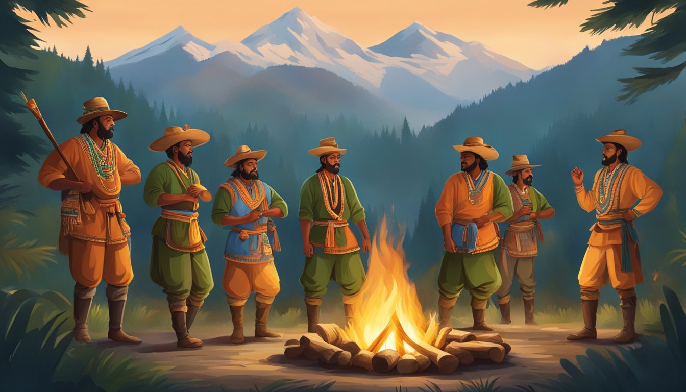 A group of hunters in traditional attire perform a ceremonial dance around a bonfire, surrounded by lush forest and mountains