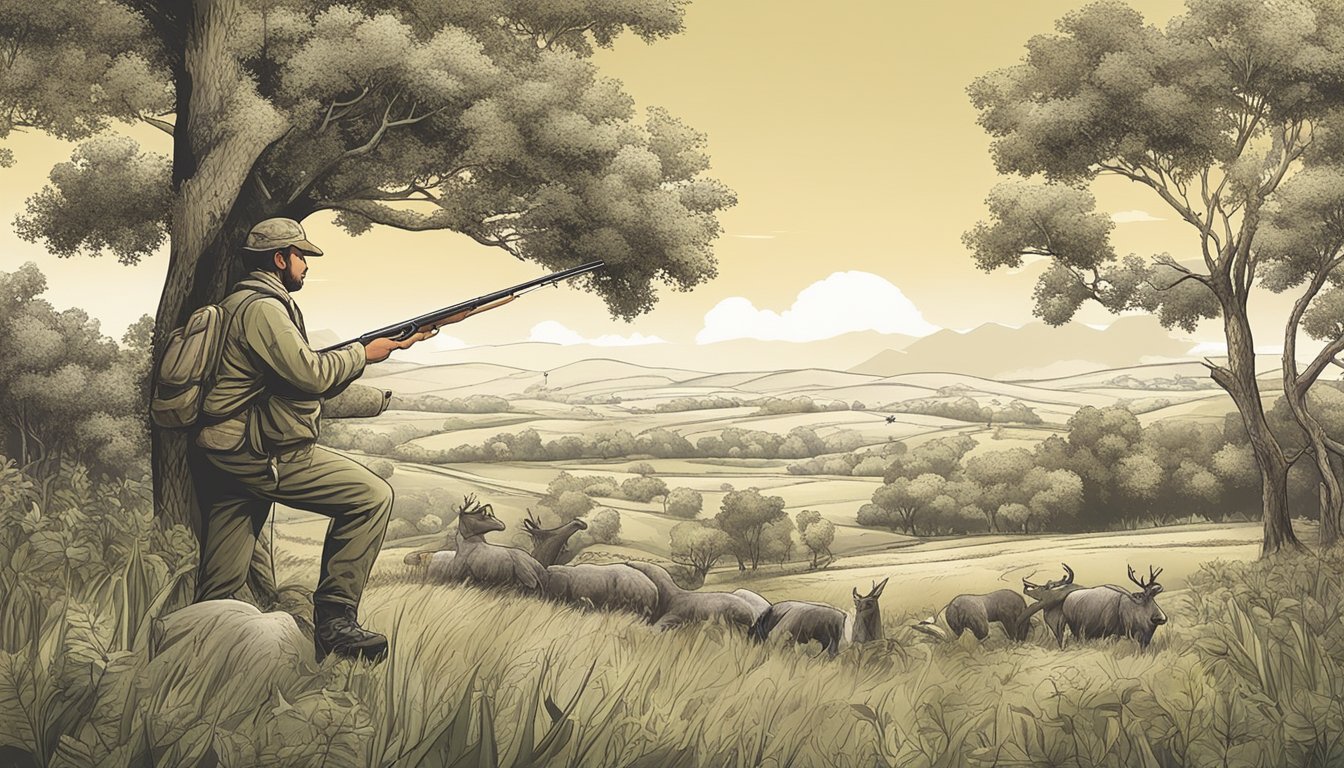 A serene rural landscape with a hunter respectfully harvesting game, surrounded by thriving wildlife and lush vegetation, illustrating the balance of hunting in rural economic sustainability