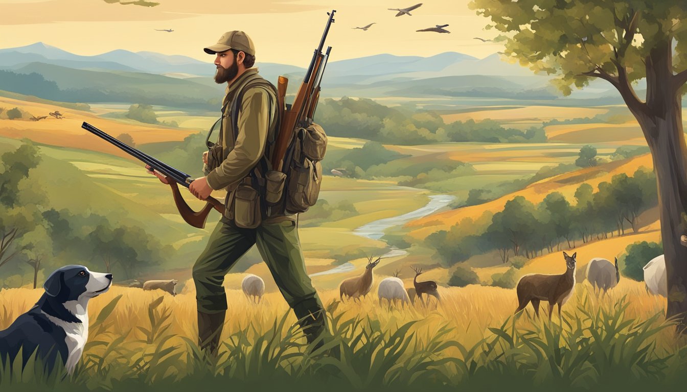 A rural landscape with a hunter carrying a rifle, surrounded by wildlife and natural resources. The scene depicts the connection between hunting and economic sustainability in rural areas