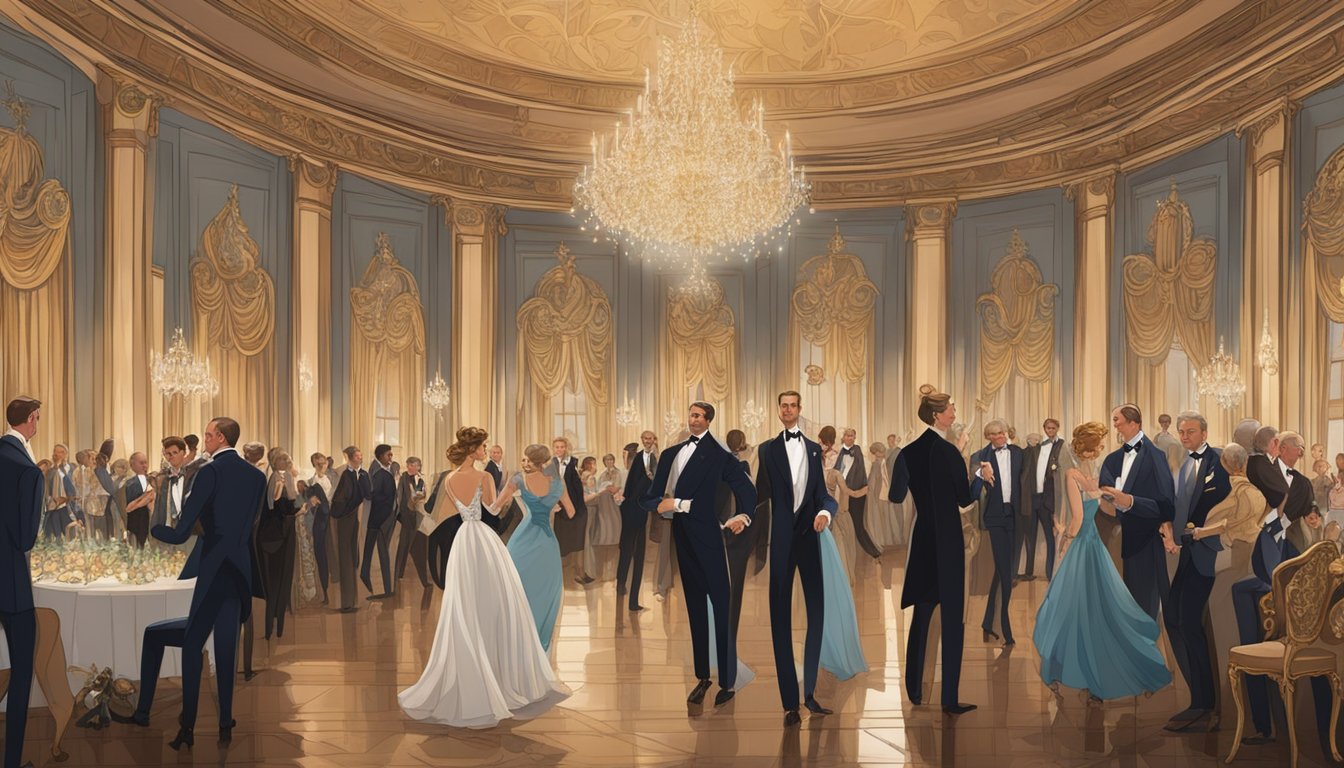 A grand ballroom adorned with hunting trophies, elegant chandeliers, and ornate tapestries. Dignified guests in formal attire mingle and dance to live music