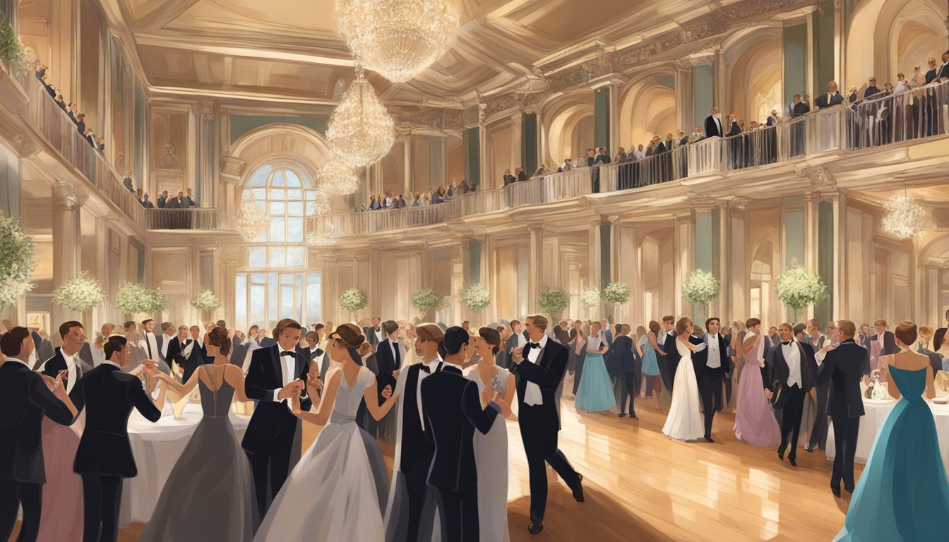 A grand hall adorned with elegant decor, filled with people in formal attire dancing and socializing at a hunt ball