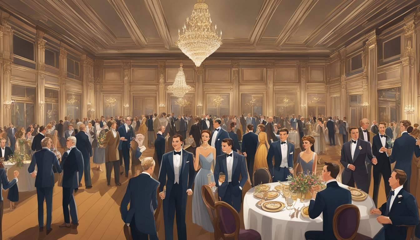 A grand ballroom decorated with hunting trophies and elegant attire, with guests in formal wear mingling and enjoying the festivities